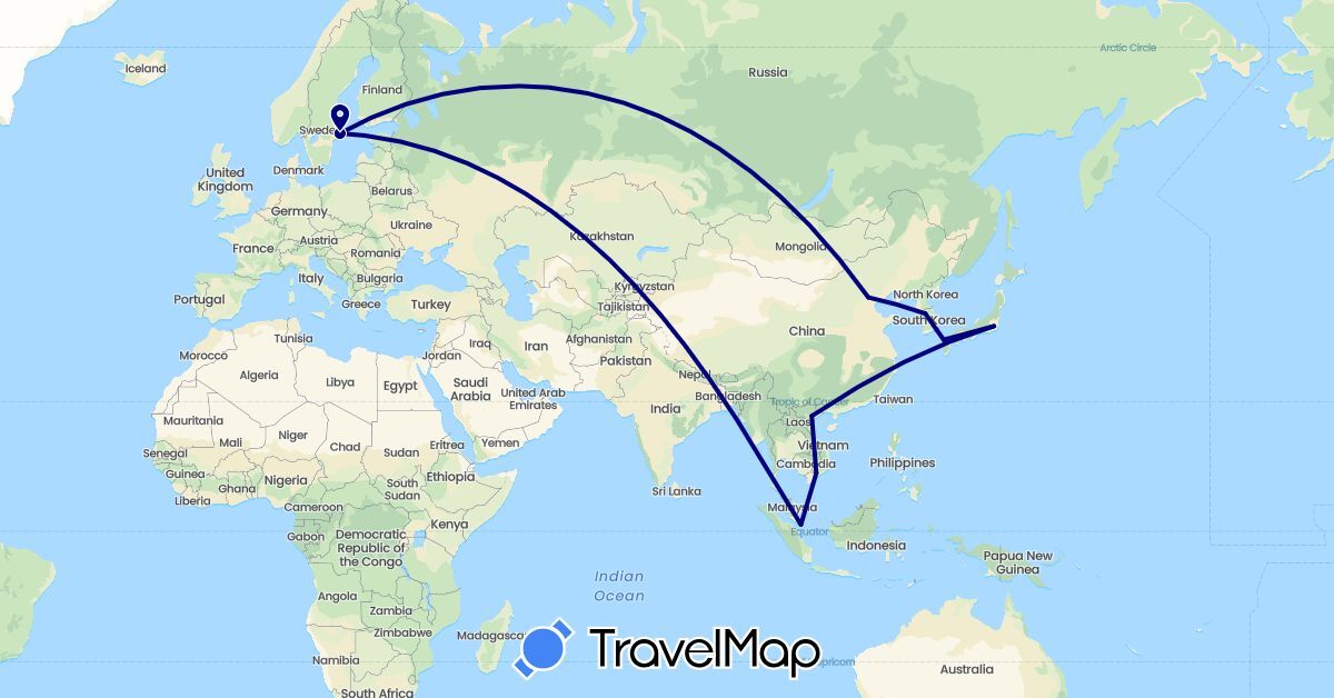 TravelMap itinerary: driving in China, Japan, South Korea, Sweden, Singapore, Vietnam (Asia, Europe)